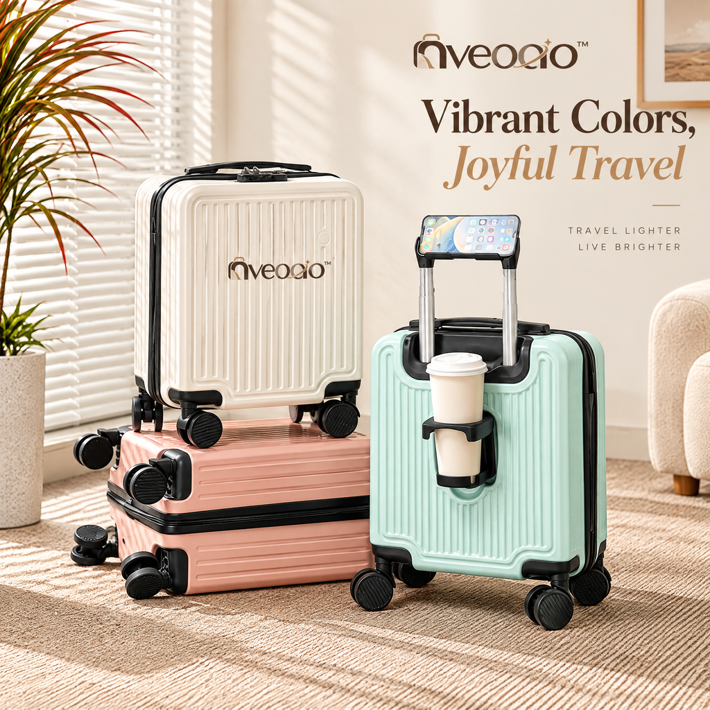 nveoao™ Ultra-Compact Personal Item Spinner Luggage - 16-Inch Mini Carry-On Suitcase with Cup Holder & Phone Mount for Budget Airlines & Business Trips