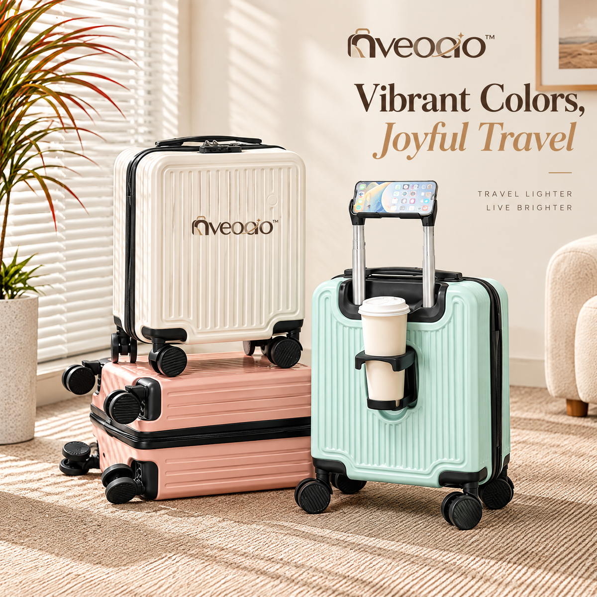 nveoao™ Ultra-Compact Personal Item Spinner Luggage - 16-Inch Mini Carry-On Suitcase with Cup Holder & Phone Mount for Budget Airlines & Business Trips
