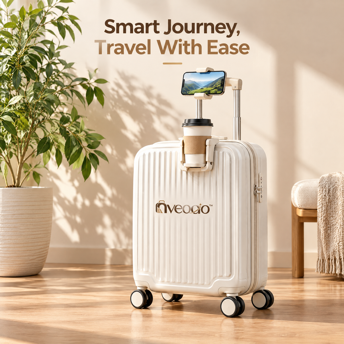 nveoao™ Ultra-Compact Personal Item Spinner Luggage - 16-Inch Mini Carry-On Suitcase with Cup Holder & Phone Mount for Budget Airlines & Business Trips