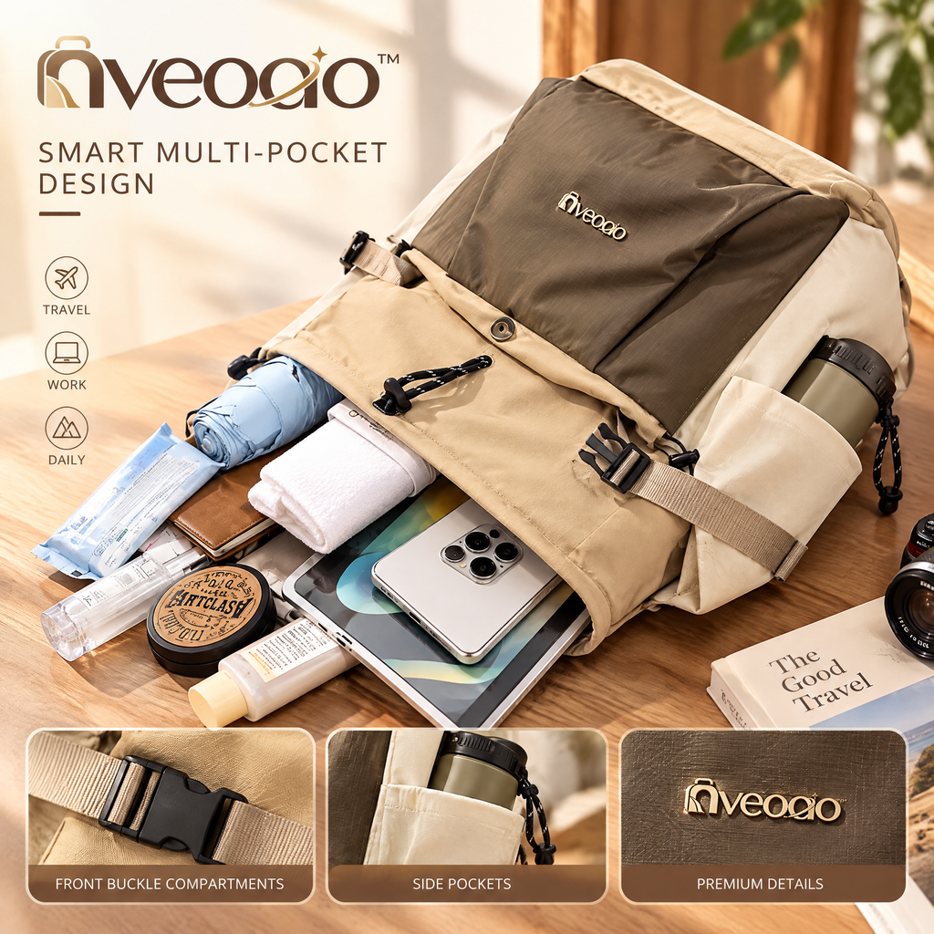 nveoao™ Vintage Multi-Pocket Canvas & Leather Backpack - Retro Casual Daypack with Drawstring & Buckle Closure for Outdoor Hiking, School & Daily Use