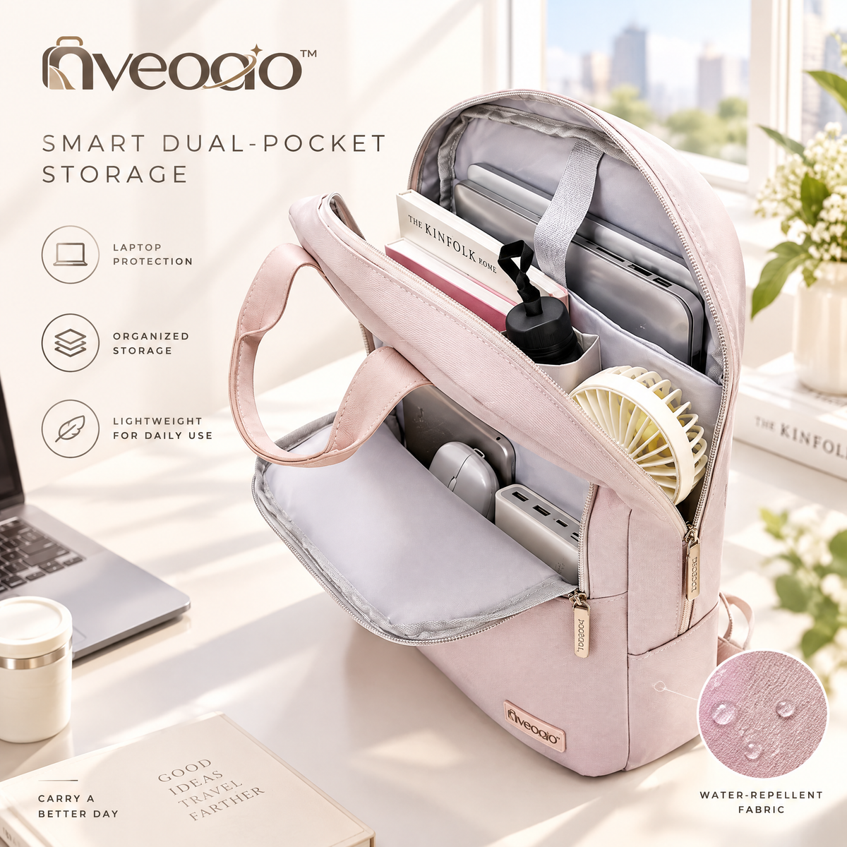 nveoao™ Urban Chic Business Laptop Backpack - Slim Anti-Shock Commuter Computer Bag with USB Charging Port & Luggage Strap for Office, Travel & College