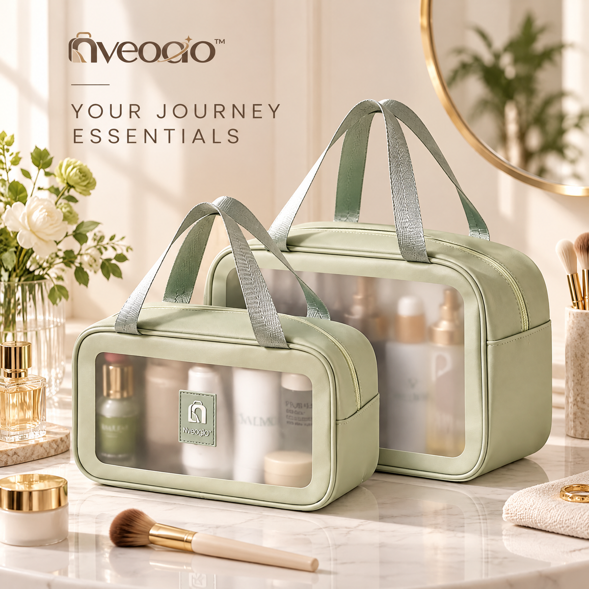 nveoao™ Clear-View Travel Toiletry & Cosmetic Tote - Waterproof Transparent Window Makeup Bag with Reinforced Handles & Dual Compartments for TSA Airport Compliance