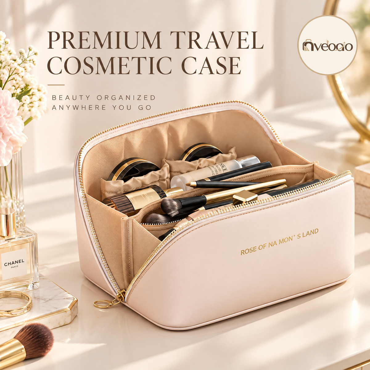 nveoao™ Premium Multi-Compartment Travel Cosmetic Bag - Waterproof Makeup Organizer Pouch with Dividers & Dual Zipper for Toiletries, Skincare & Daily Essentials