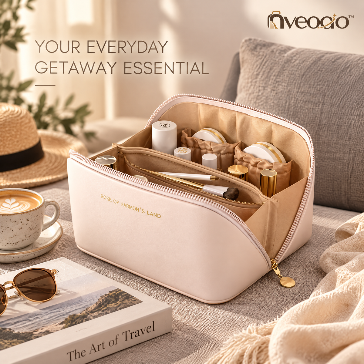 nveoao™ Premium Multi-Compartment Travel Cosmetic Bag - Waterproof Makeup Organizer Pouch with Dividers & Dual Zipper for Toiletries, Skincare & Daily Essentials