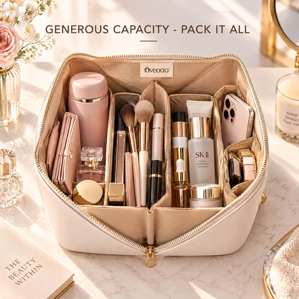 nveoao™ Premium Multi-Compartment Travel Cosmetic Bag - Waterproof Makeup Organizer Pouch with Dividers & Dual Zipper for Toiletries, Skincare & Daily Essentials
