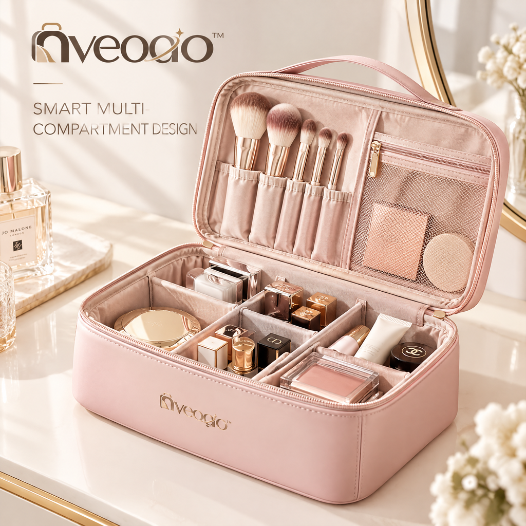 nveoao™ Premium Multi-Compartment Travel Cosmetic Bag - Waterproof Makeup Organizer Pouch with Dividers & Dual Zipper for Toiletries, Skincare & Daily Essentials
