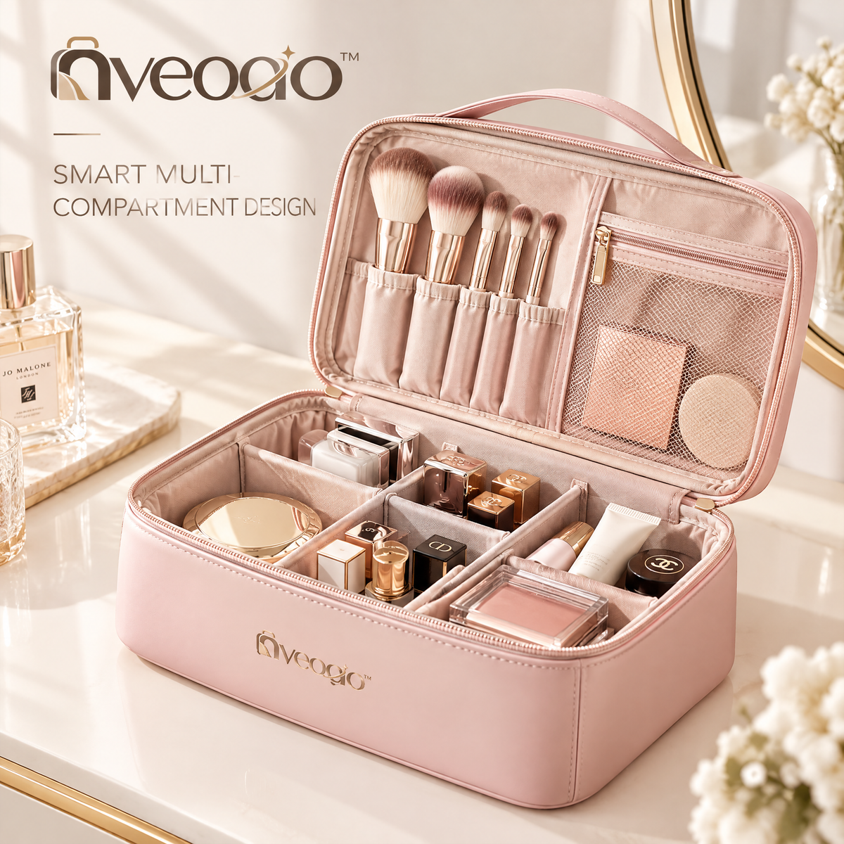 nveoao™ Premium Multi-Compartment Travel Cosmetic Bag - Waterproof Makeup Organizer Pouch with Dividers & Dual Zipper for Toiletries, Skincare & Daily Essentials