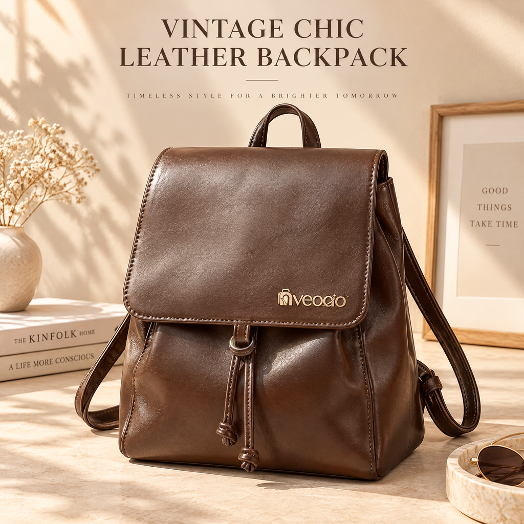 nveoao™ Sleek Faux Leather Mini Backpack - Chic Small Daypack Purse with Drawstring Flap & Adjustable Straps for Women & Teens
