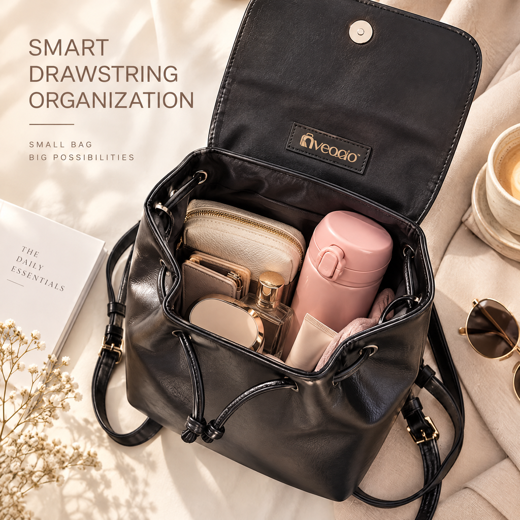 nveoao™ Sleek Faux Leather Mini Backpack - Chic Small Daypack Purse with Drawstring Flap & Adjustable Straps for Women & Teens