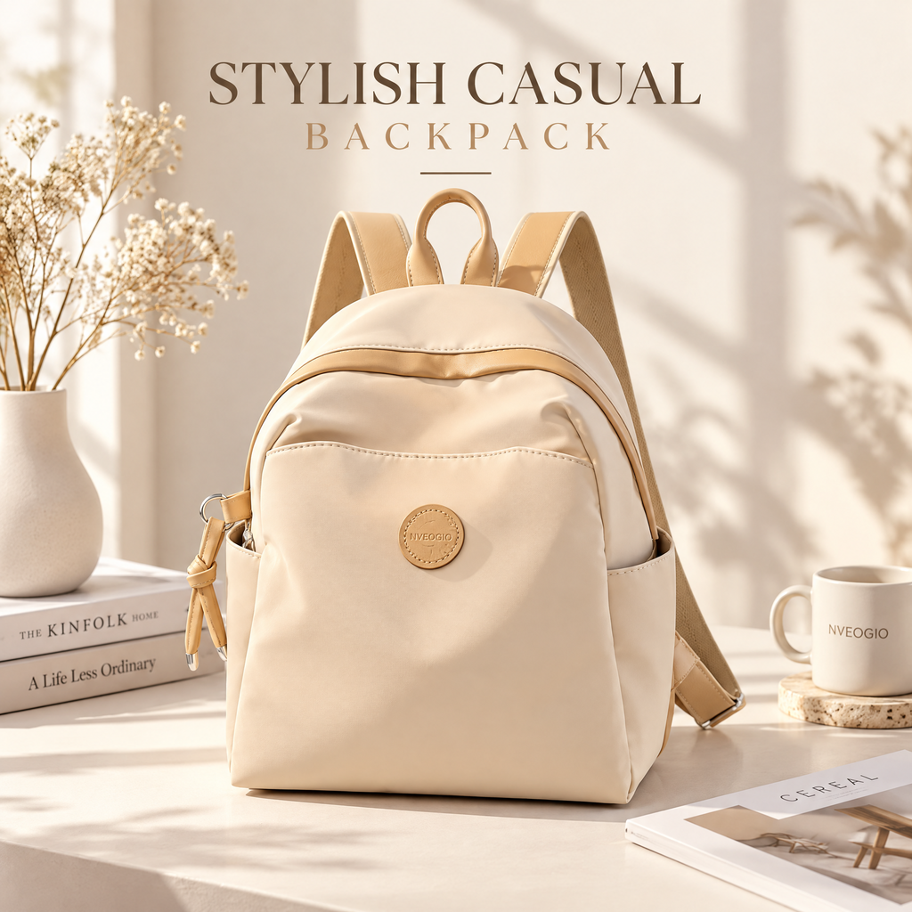 nveoao™ Featherlight Nylon Everyday Daypack - Minimalist Casual School Bag with Vertical Front Zip & Water Bottle Pockets for Women & Men