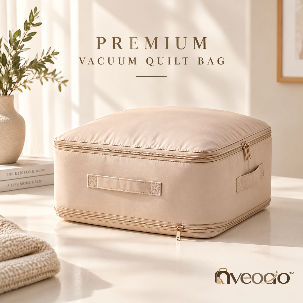 nveoao™ Space-Saving Vacuum Compression Quilt Organizer - Foldable Wardrobe Storage Bag with Clear Window & Reinforced Handles for Comforters, Blankets & Winter Clothes