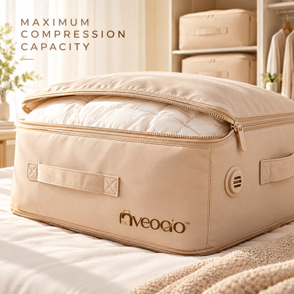 nveoao™ Space-Saving Vacuum Compression Quilt Organizer - Foldable Wardrobe Storage Bag with Clear Window & Reinforced Handles for Comforters, Blankets & Winter Clothes