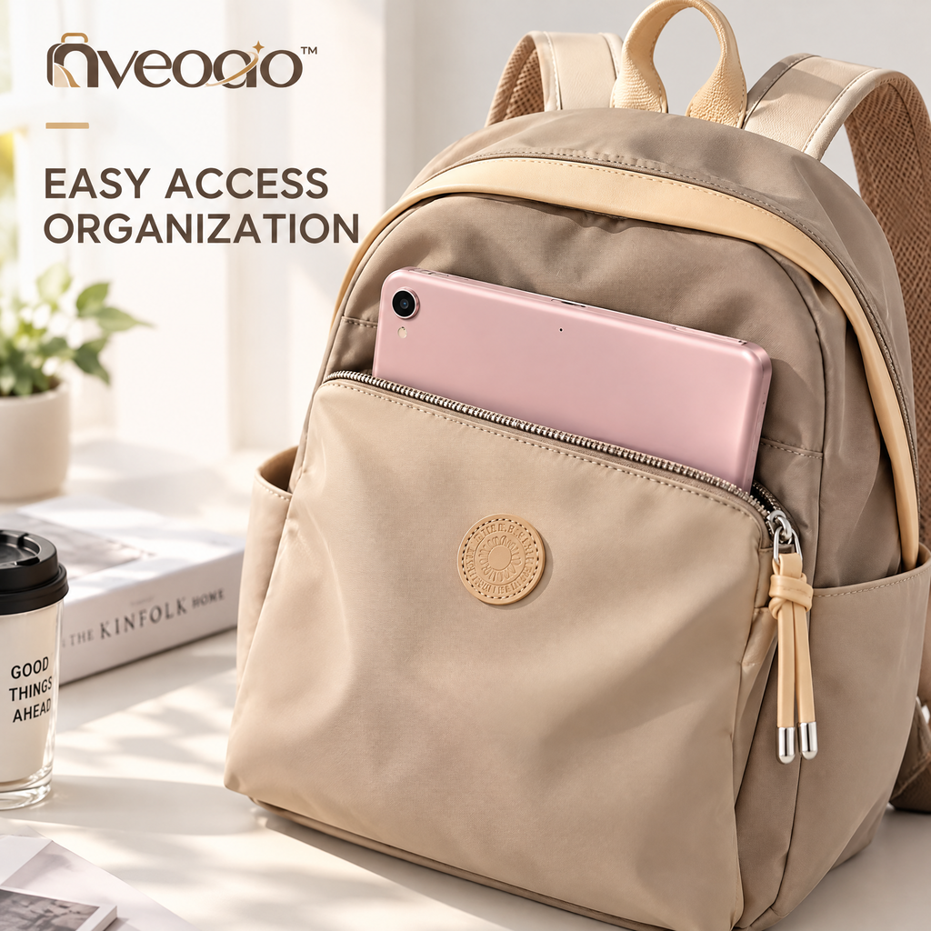 nveoao™ Featherlight Nylon Everyday Daypack - Minimalist Casual School Bag with Vertical Front Zip & Water Bottle Pockets for Women & Men
